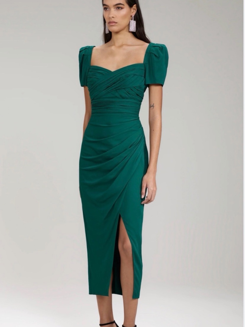 Self-Portrait Emerald Green Ruched Midi Dress with Puff Sleeves